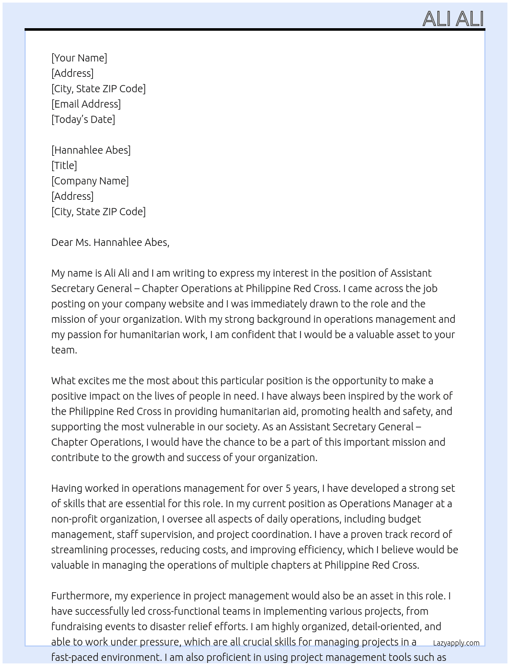 Assistant Secretary General - Chapter Operations At Philippine Red Cross Cover Letter