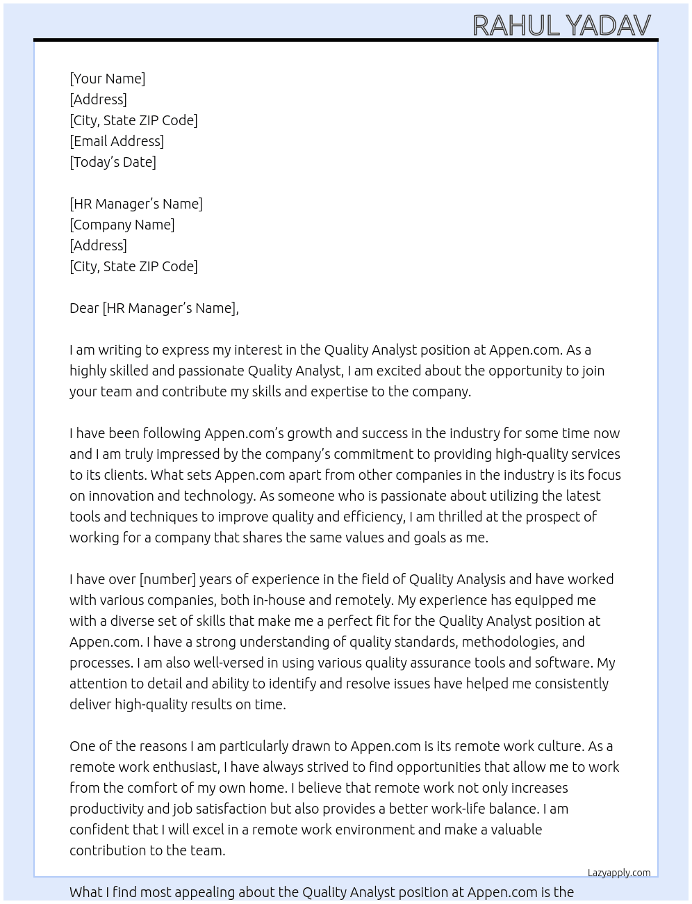 Quality Analyst  At Appen.com Cover Letter
