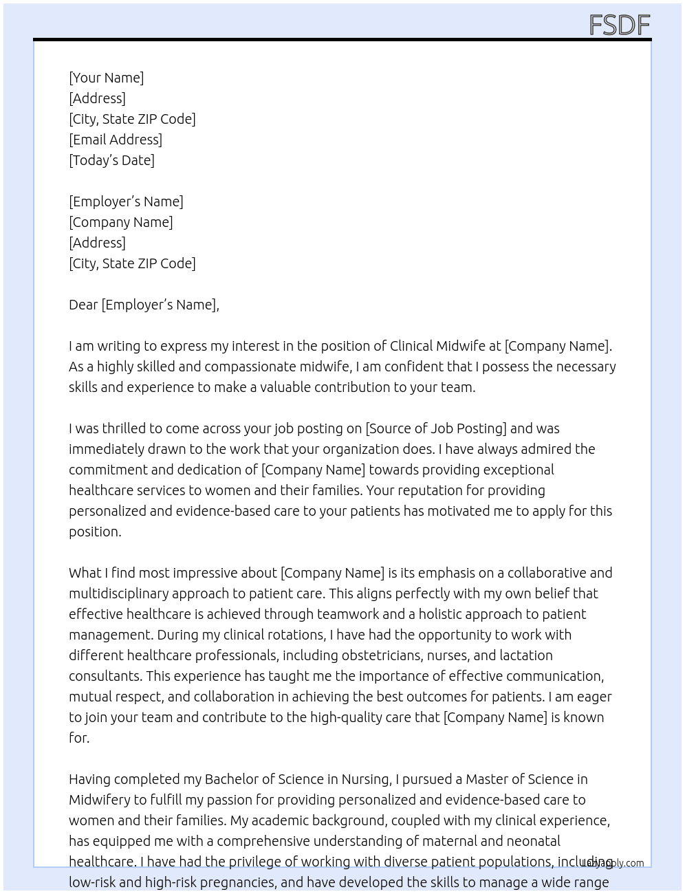 clinical midwife At sdfsdf Cover Letter