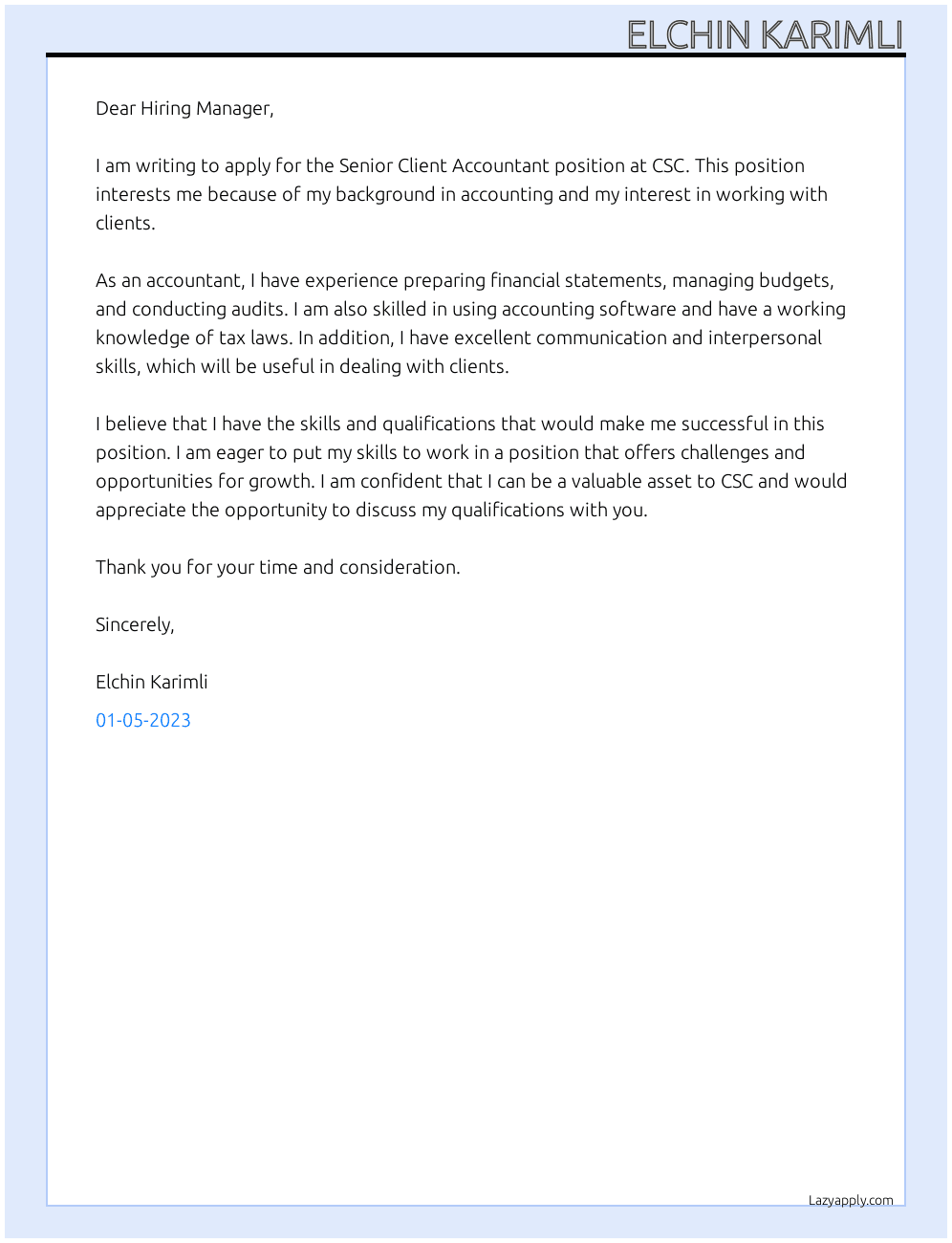 Senior Client Accountant At CSC Cover Letter