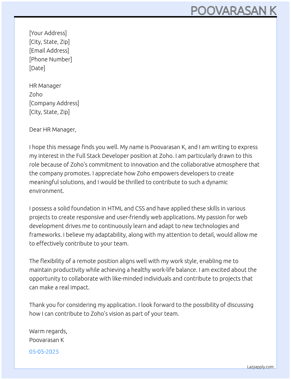 Full stack developer  At Zoho Cover Letter