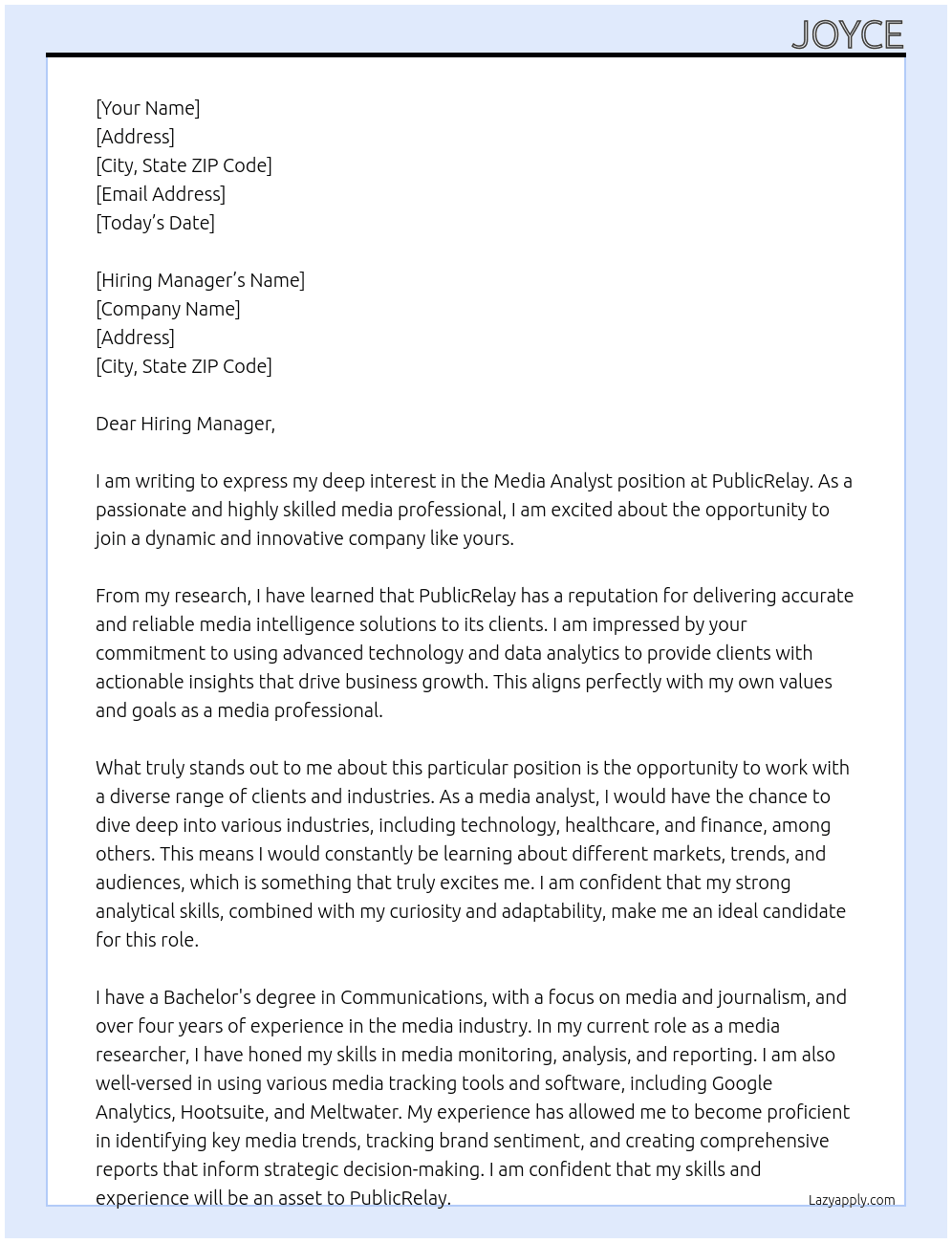 Media Analyst  At PublicRelay Cover Letter