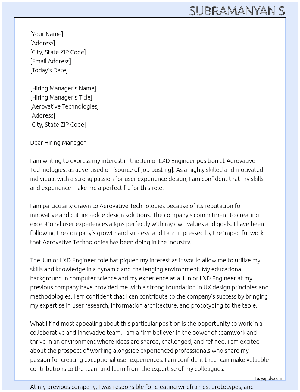 Junior LXD Engineer  At Aerovative Technologies Cover Letter