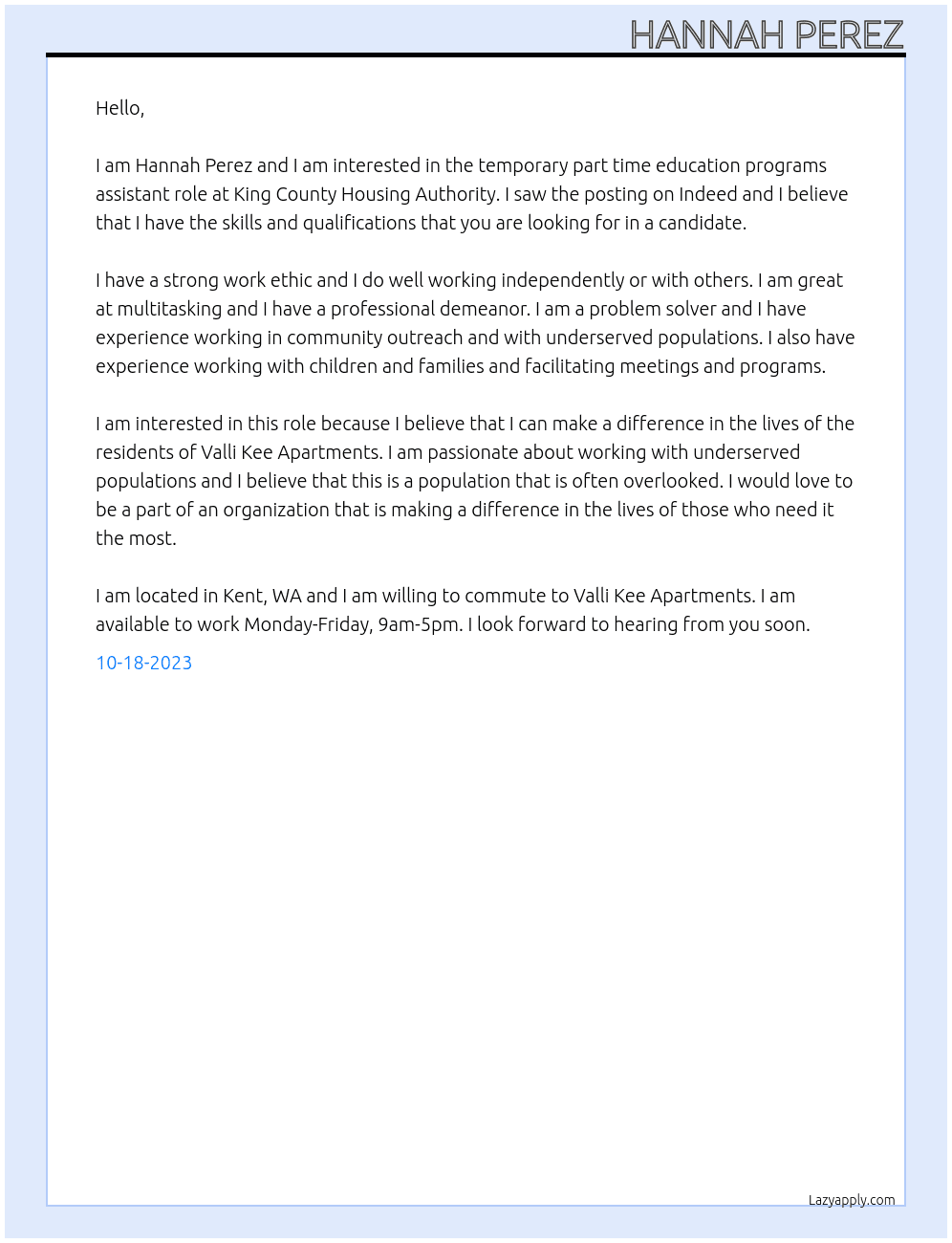 Temporary Part time Educations Programs Assistant At King County Housing Authority at Valli Kee Apartments Cover Letter