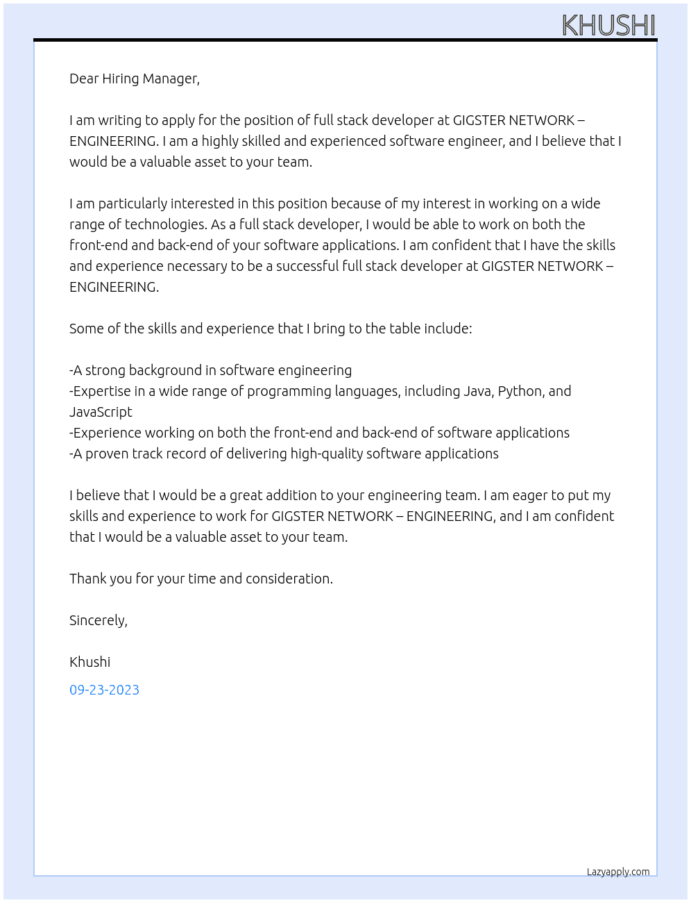 full stack developer At GIGSTER NETWORK – ENGINEERING Cover Letter
