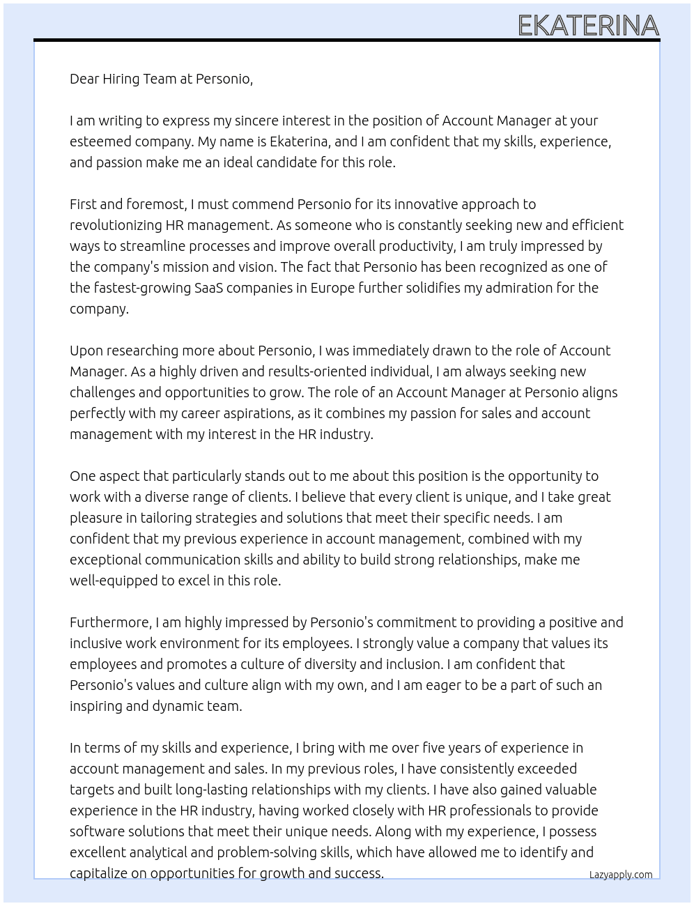 Account Manager At Personio Cover Letter