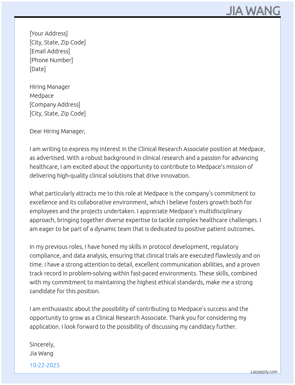clinical research associate At Medpace Cover Letter