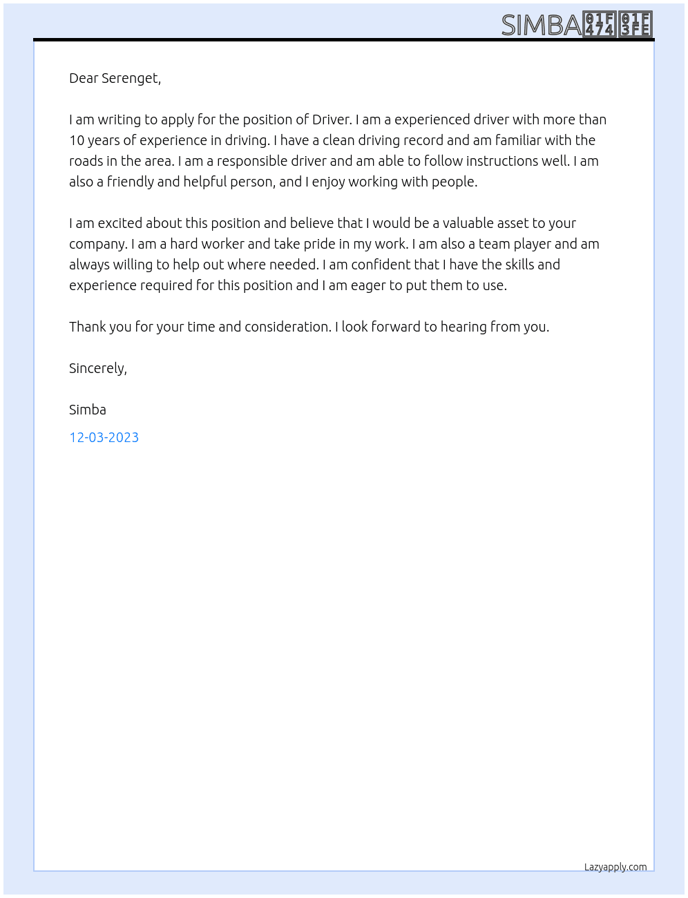 Driver At Serenget Cover Letter