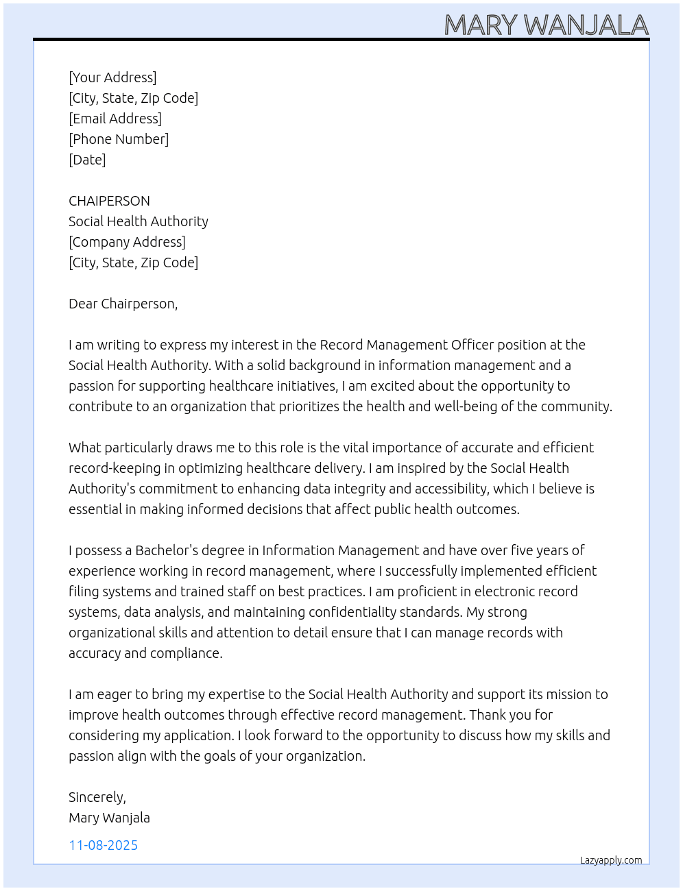 RECORD MANAGEMENT OFFICER At SOCIAL HEALTH AUTHORITY Cover Letter