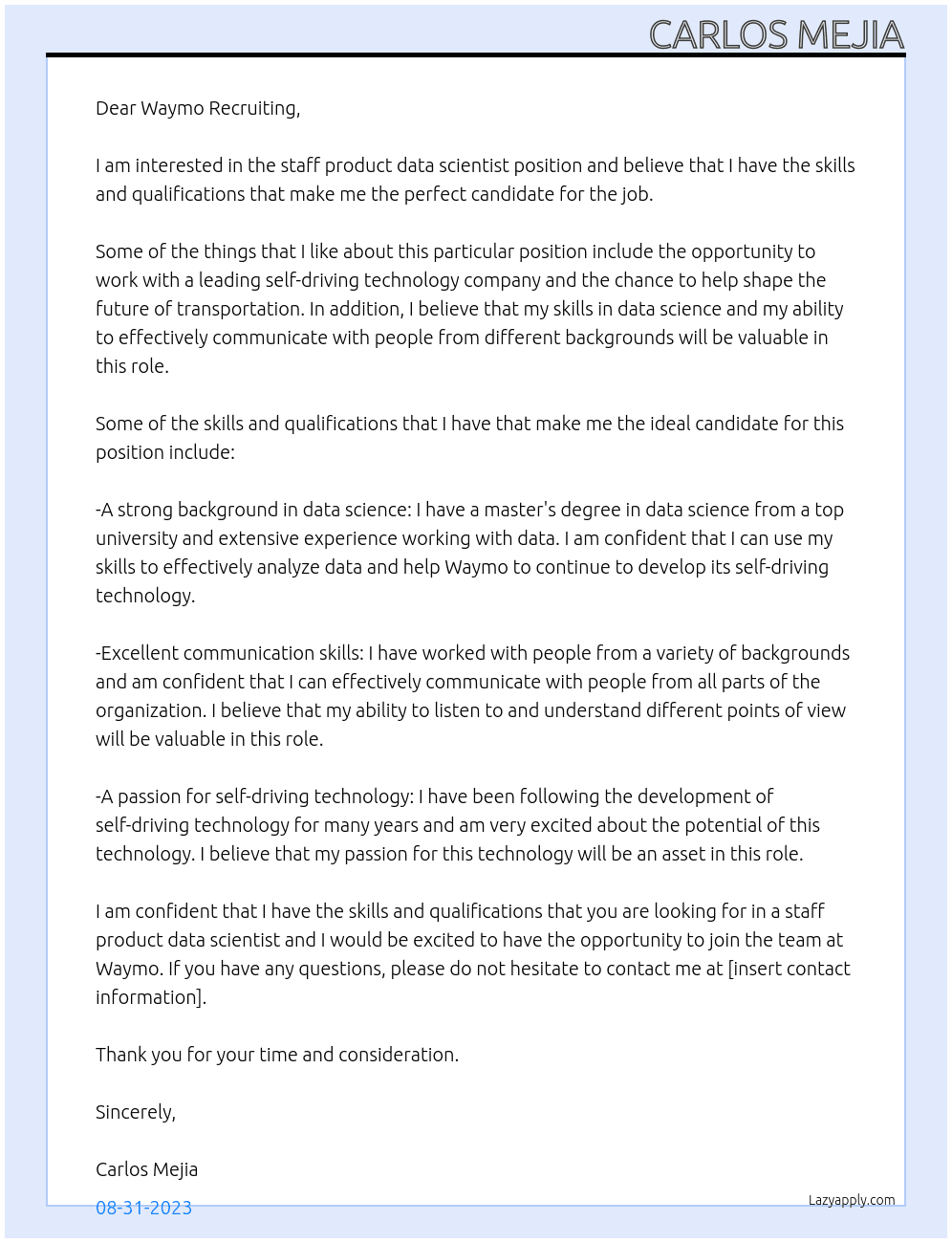 Staff Product Data Scientist At Waymo Cover Letter