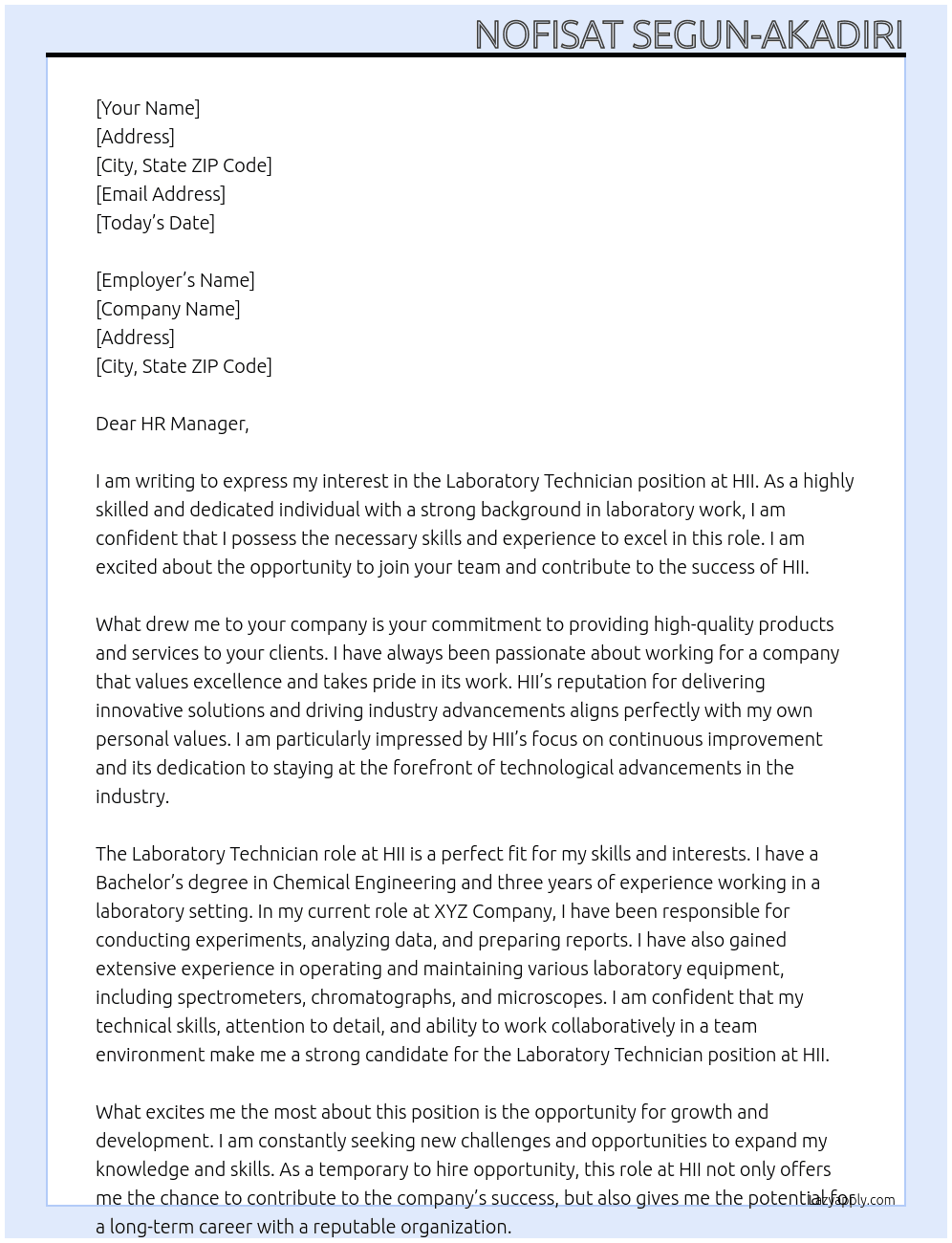 Laboratory Technician At HII Cover Letter