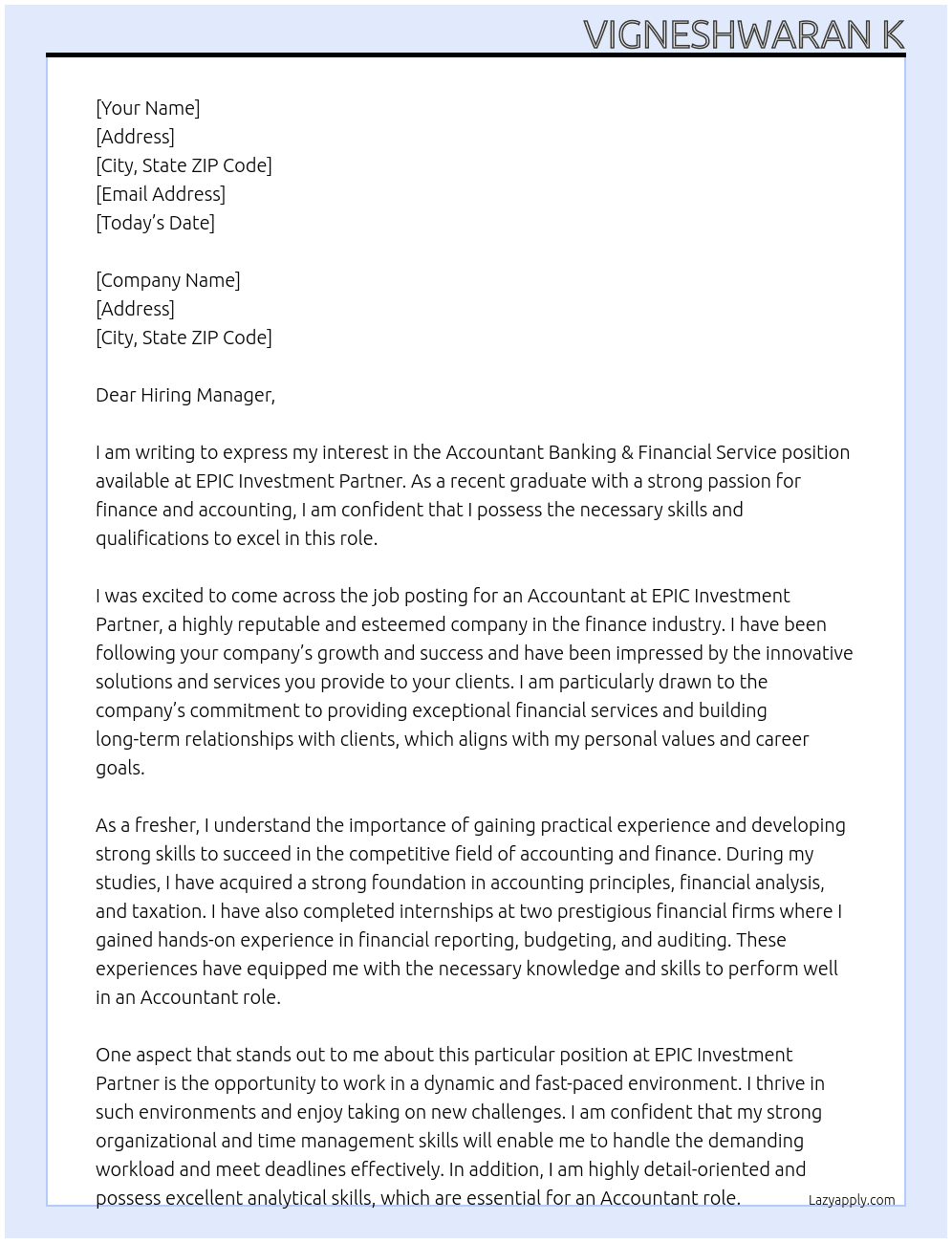 Accountant Banking & Financial Service At EPIC Investment Partner Cover Letter