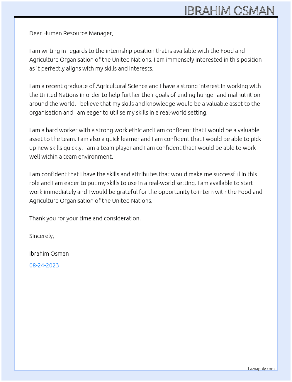 Internship  At Food and Agriculture Organisation of tht United Nations  Cover Letter