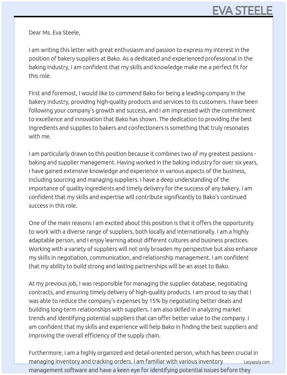 bakery suppliers At Bako Cover Letter
