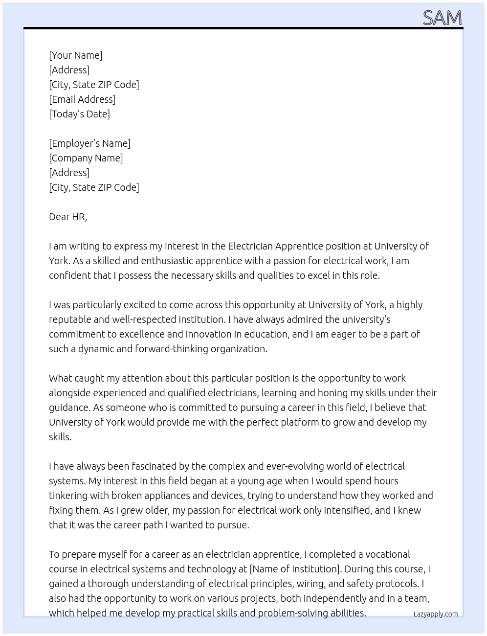 electrician apprentice At university of york Cover Letter