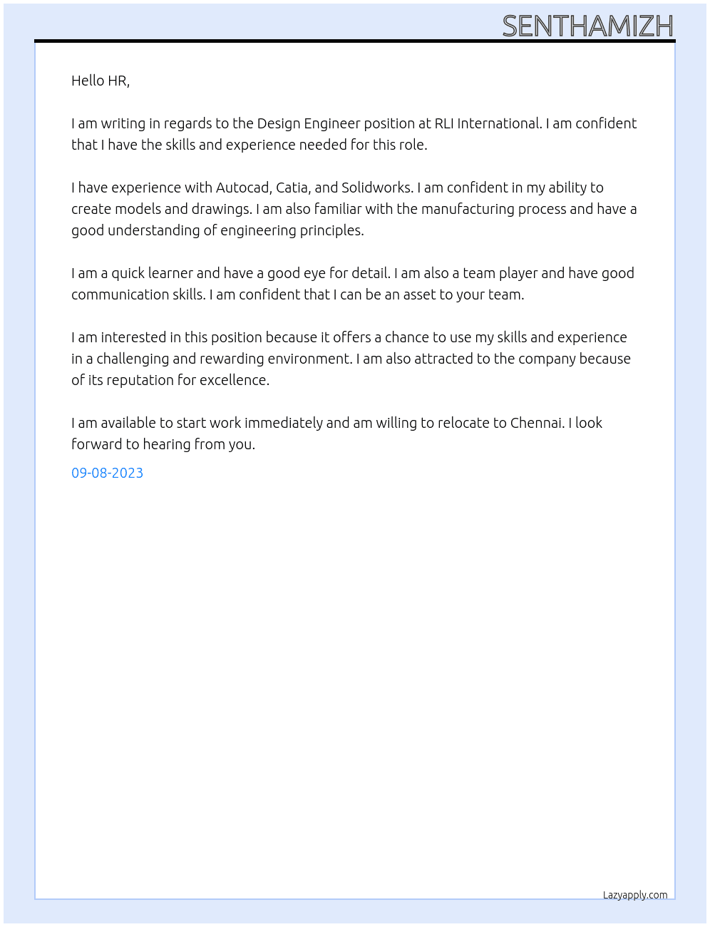 Design engineer At RLI INTERNATIONAL Cover Letter