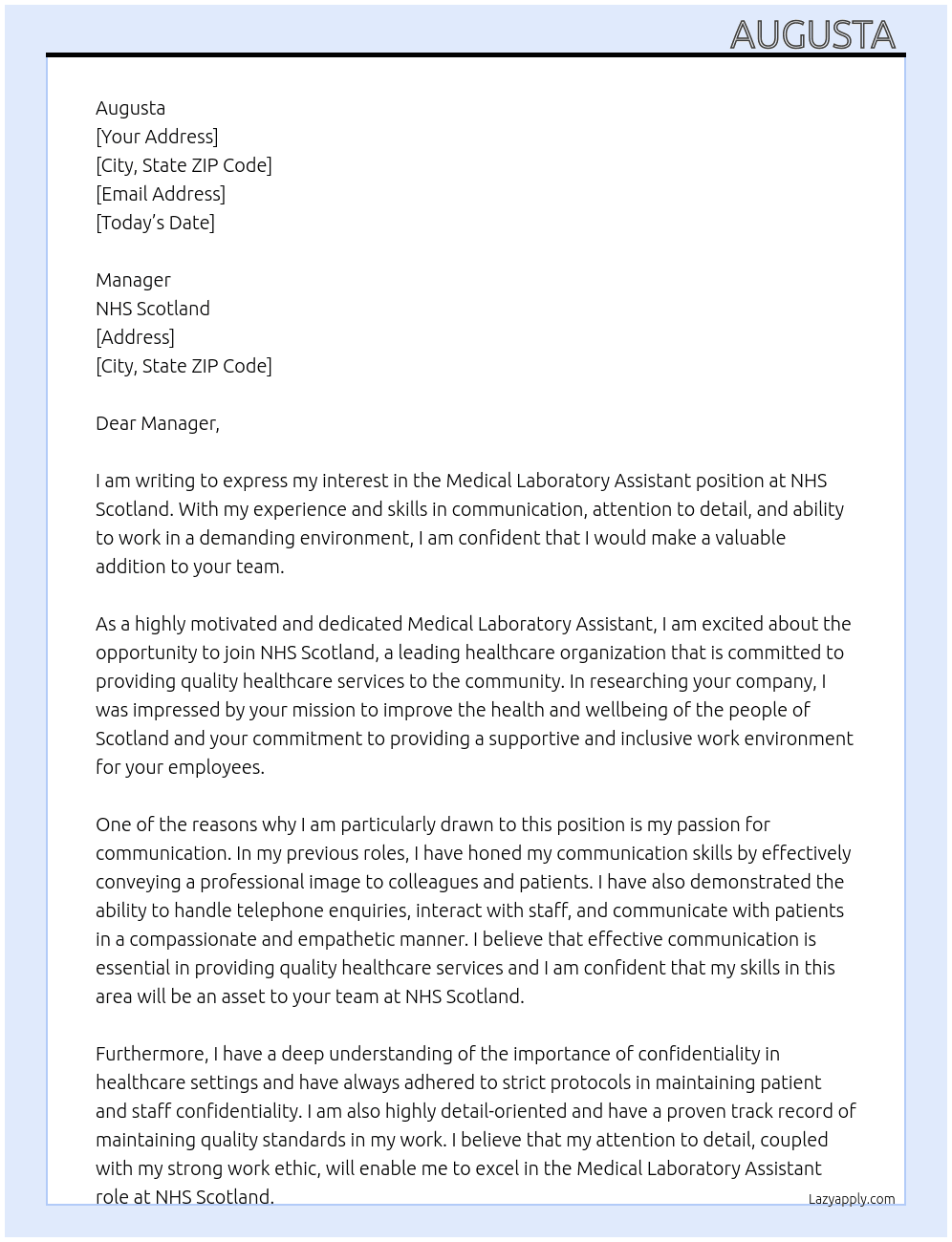 Medical Laboratory Assistant At NHS Scotland  Cover Letter