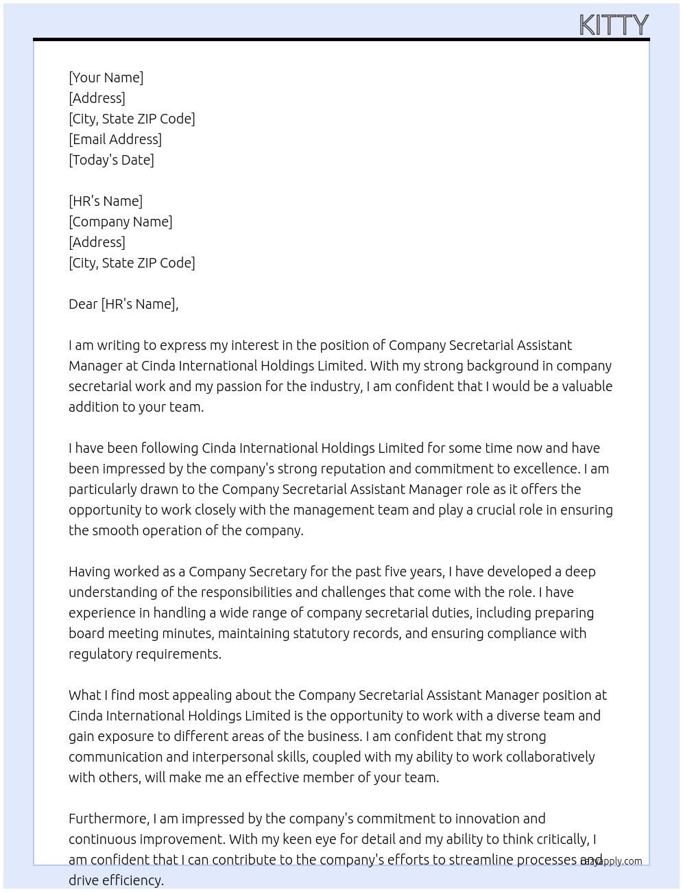 Company secretarial assistant manager At Cinda International Holdings Limited Cover Letter