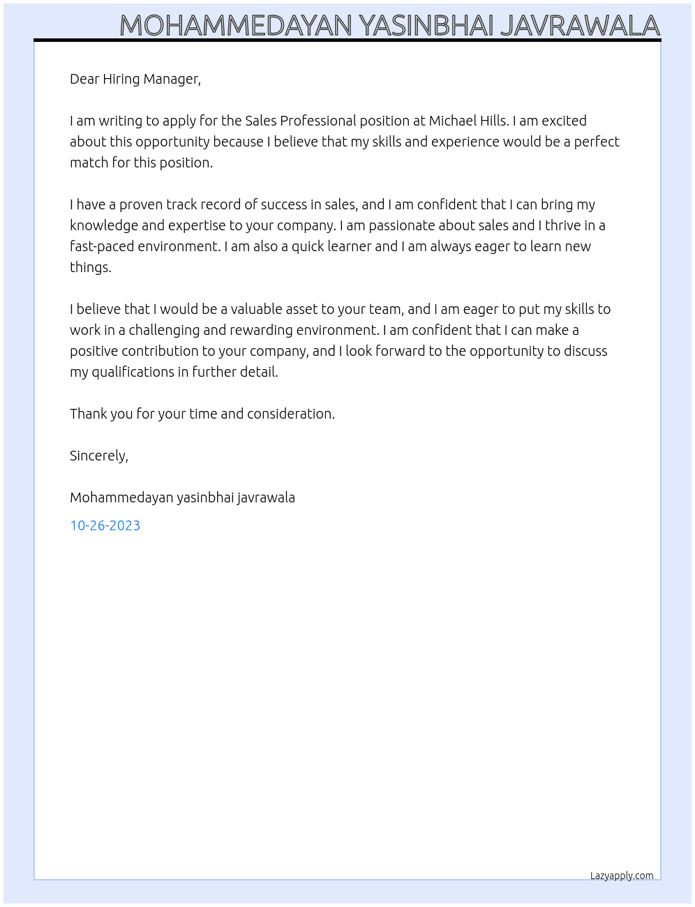 Sales Professional At Michael Hills Cover Letter