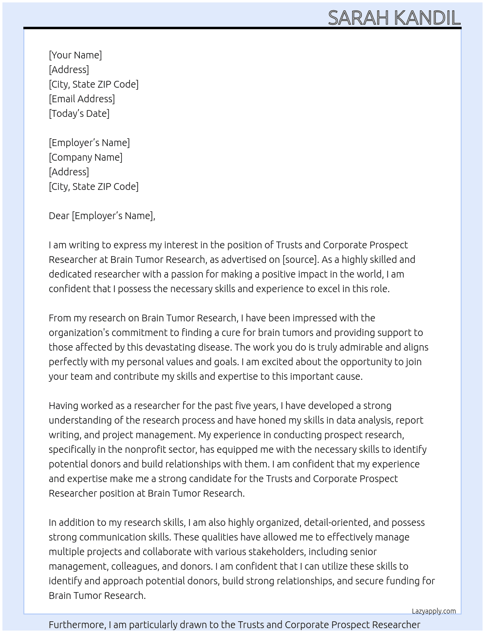 Trusts and Corporate Prospect Researcher At brain tumor research Cover Letter