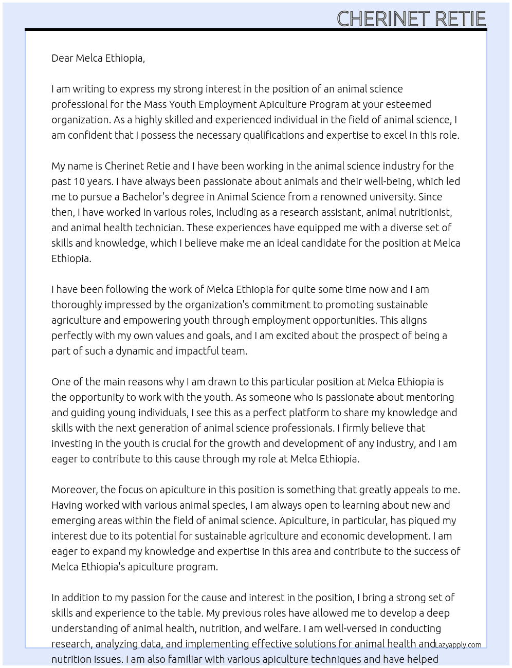 For an animal science  proffecinal person for the job title For mass youth Employment apiculture program positioninal At MELCA ETHIOPIA Cover Letter