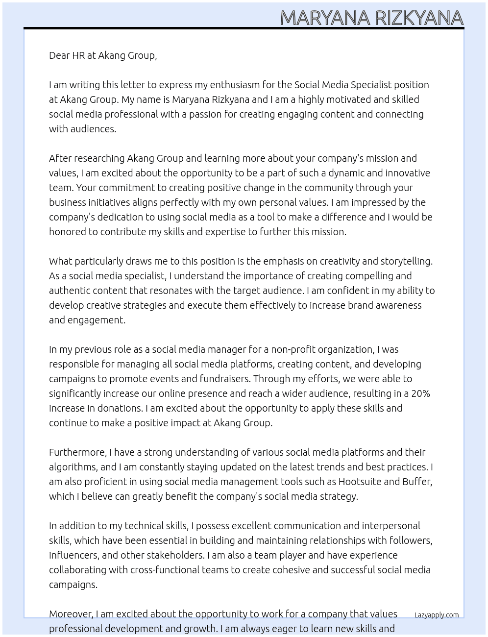 Social Media Specialist At Akang Group Cover Letter