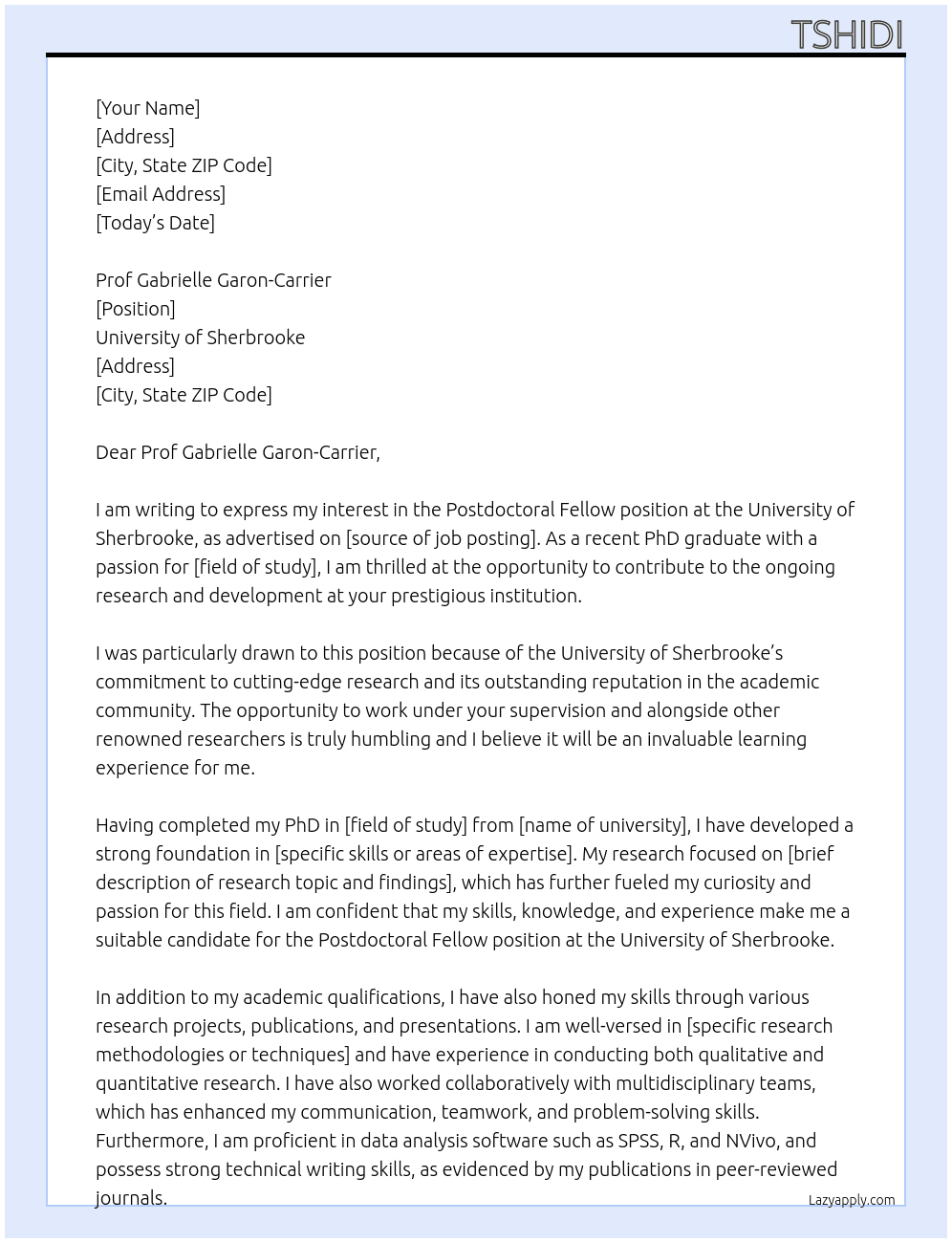 Postdoctoral fellow At  University of Sherbrooke Cover Letter