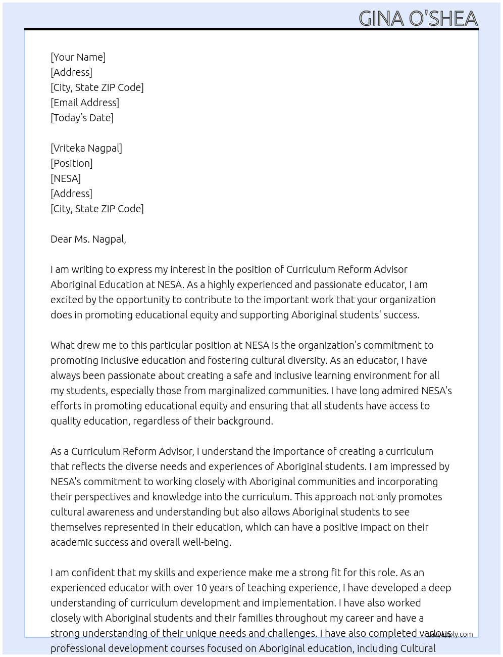 Curriculum Reform Advisor Aboriginal Education At NESA Cover Letter