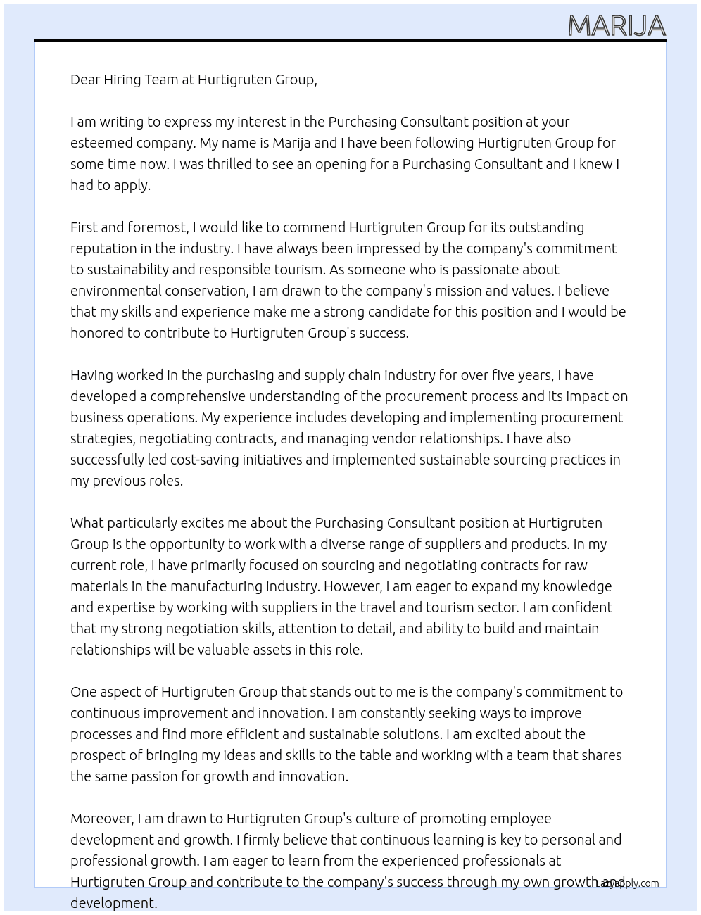 Purchasing Consultant At Hurtigruten Group Cover Letter