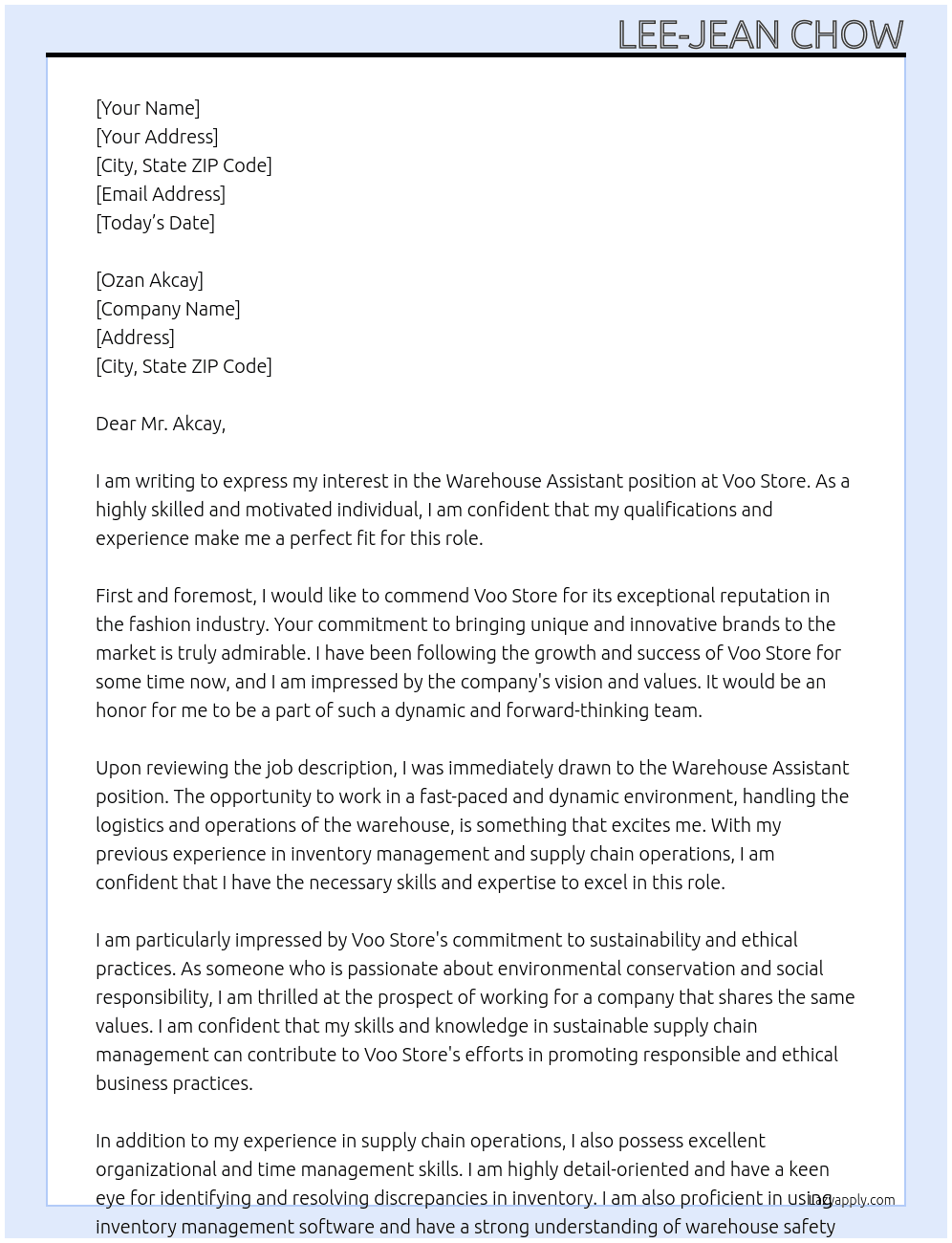 Warehouse Assistant At Voo Store Cover Letter