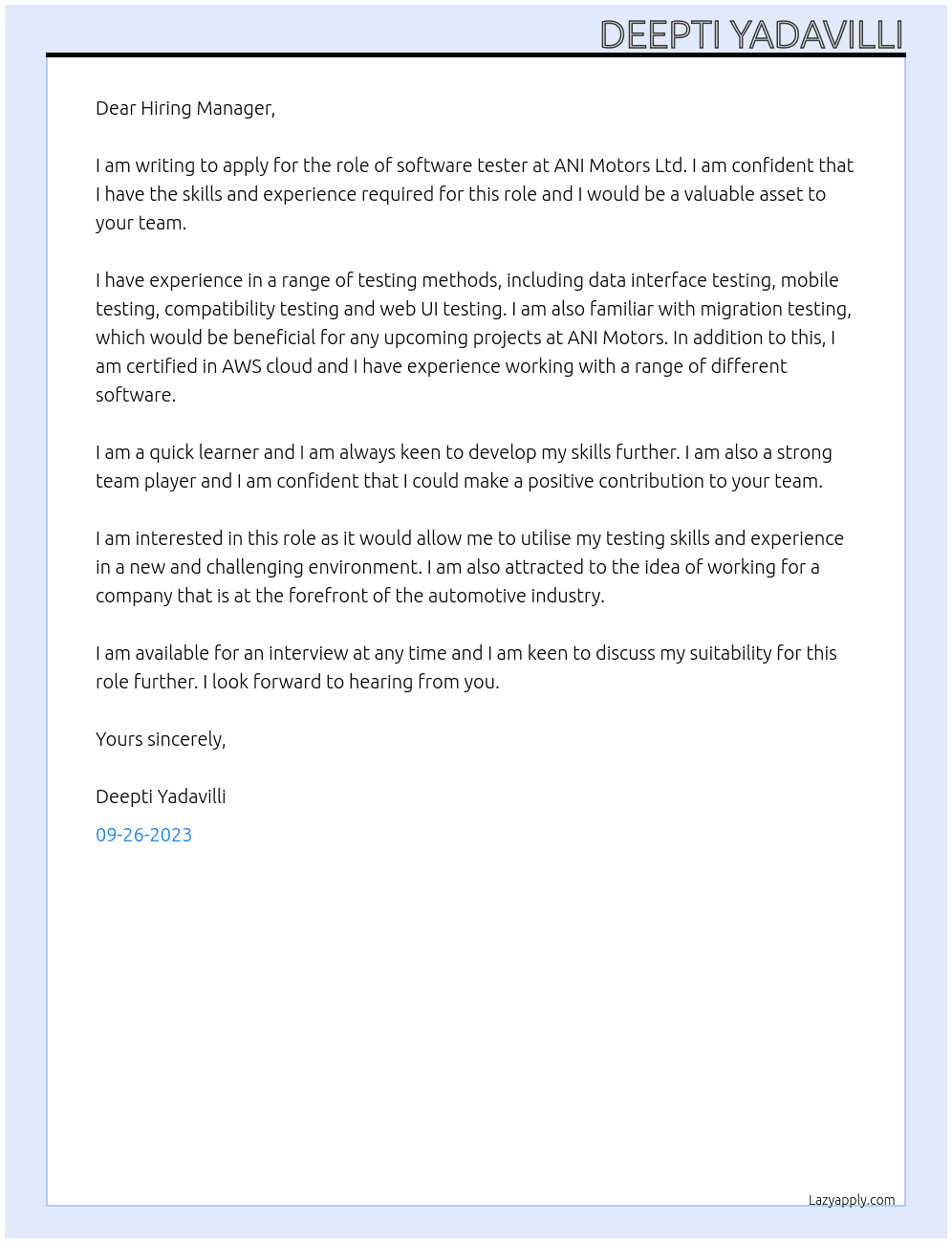 Software Tester At ANI Motors ltd Cover Letter