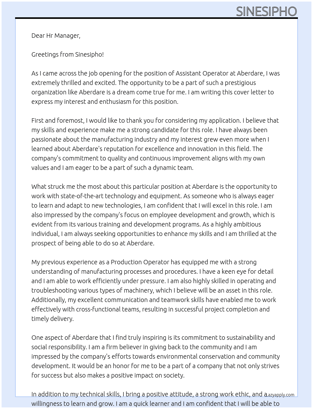 Assisatn Operator At Aberdare Cover Letter