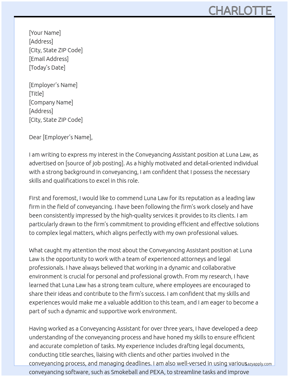Conveyancing assistant  At Luna Law Cover Letter