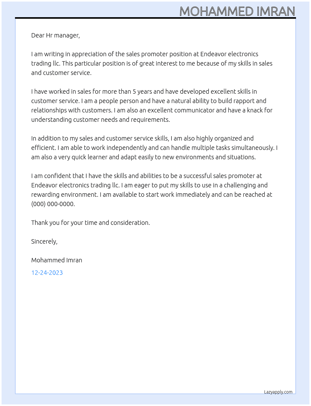 Sales promoter  At Endeavor electronics trading llc  Cover Letter