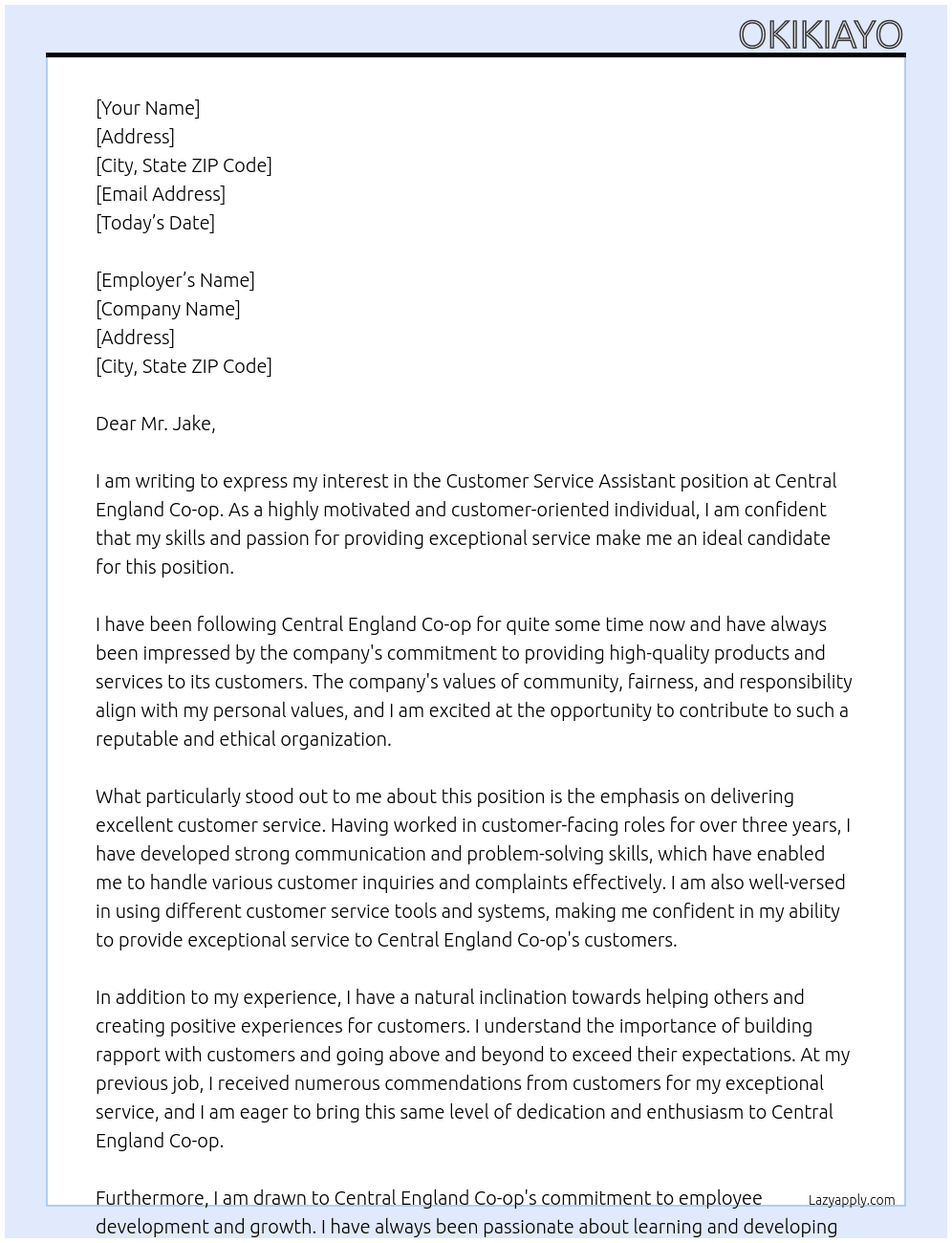 Customer service assistant  At Central England Co-op Cover Letter