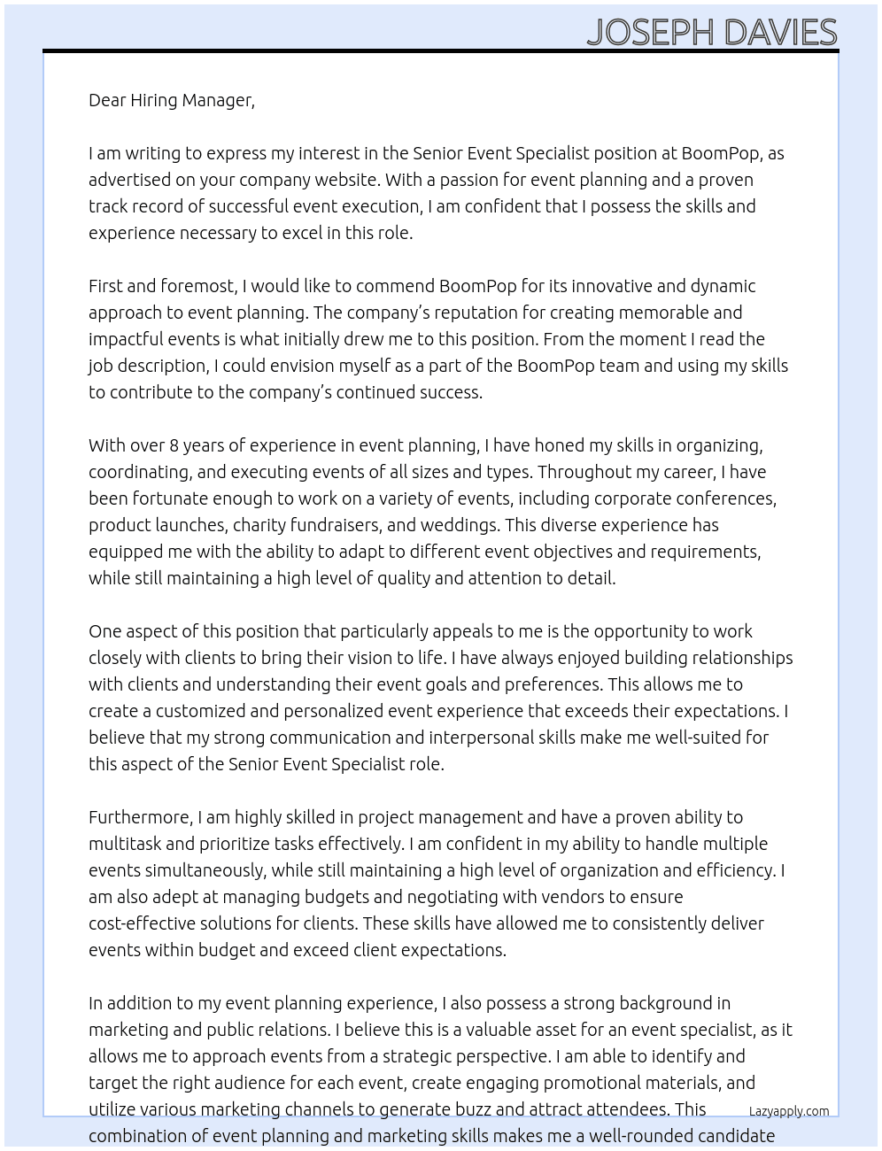 Senior Event Specialist At BoomPop Cover Letter
