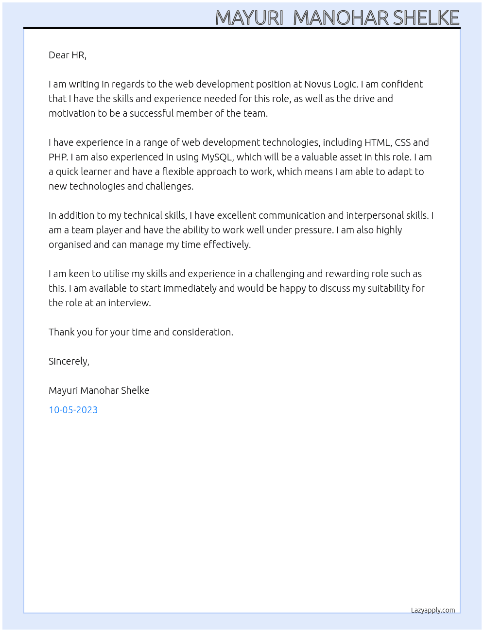Web development  At Novus logic Cover Letter