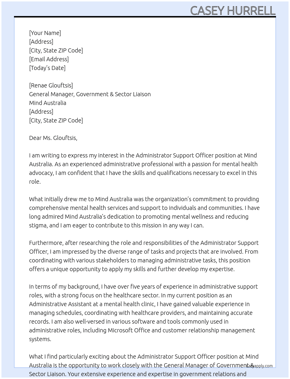 Administrator Support Officer At Mind Australia  Cover Letter