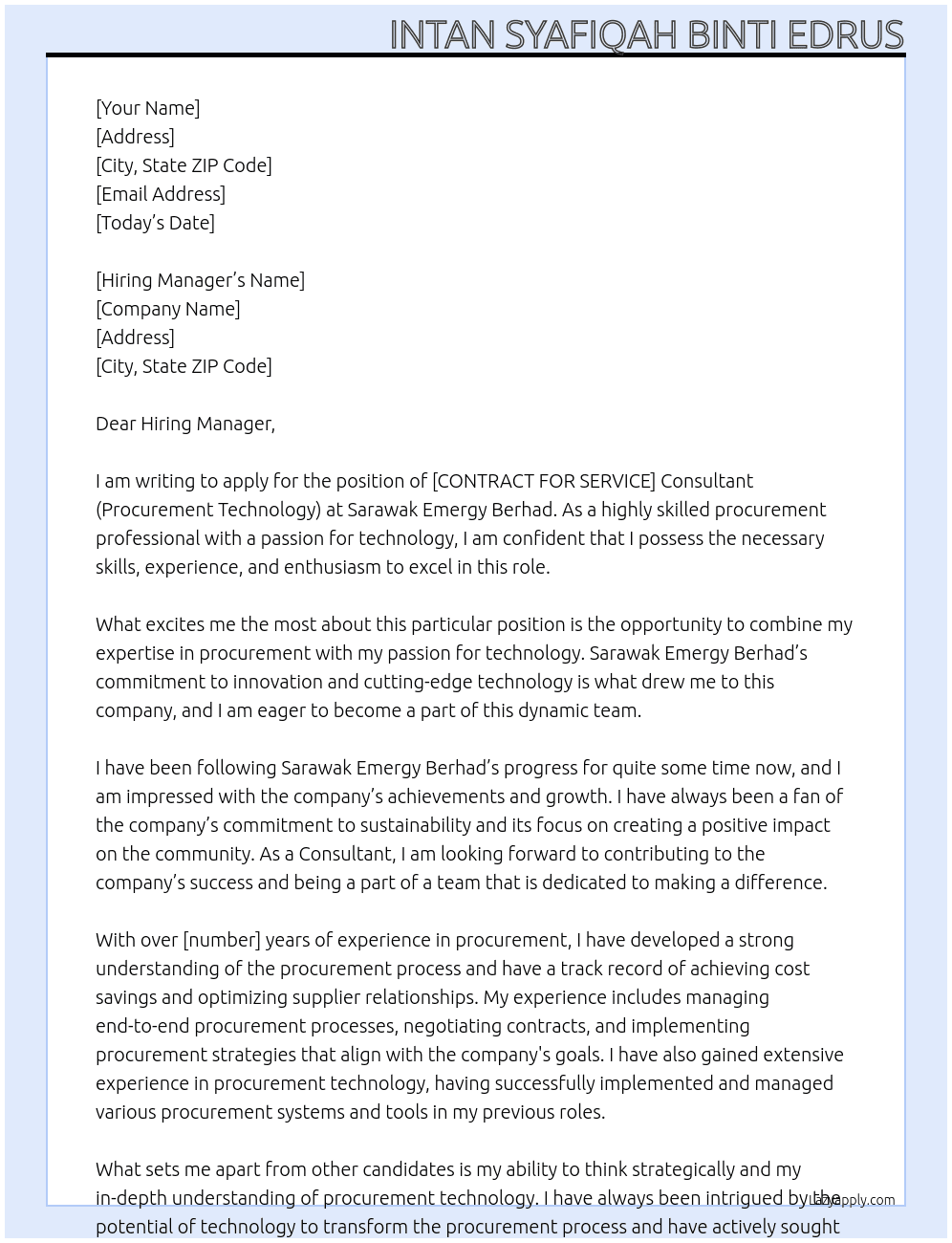 [CONTRACT FOR SERVICE] Consultant (Procurement Technology) At Sarawak Emergy Berhad Cover Letter