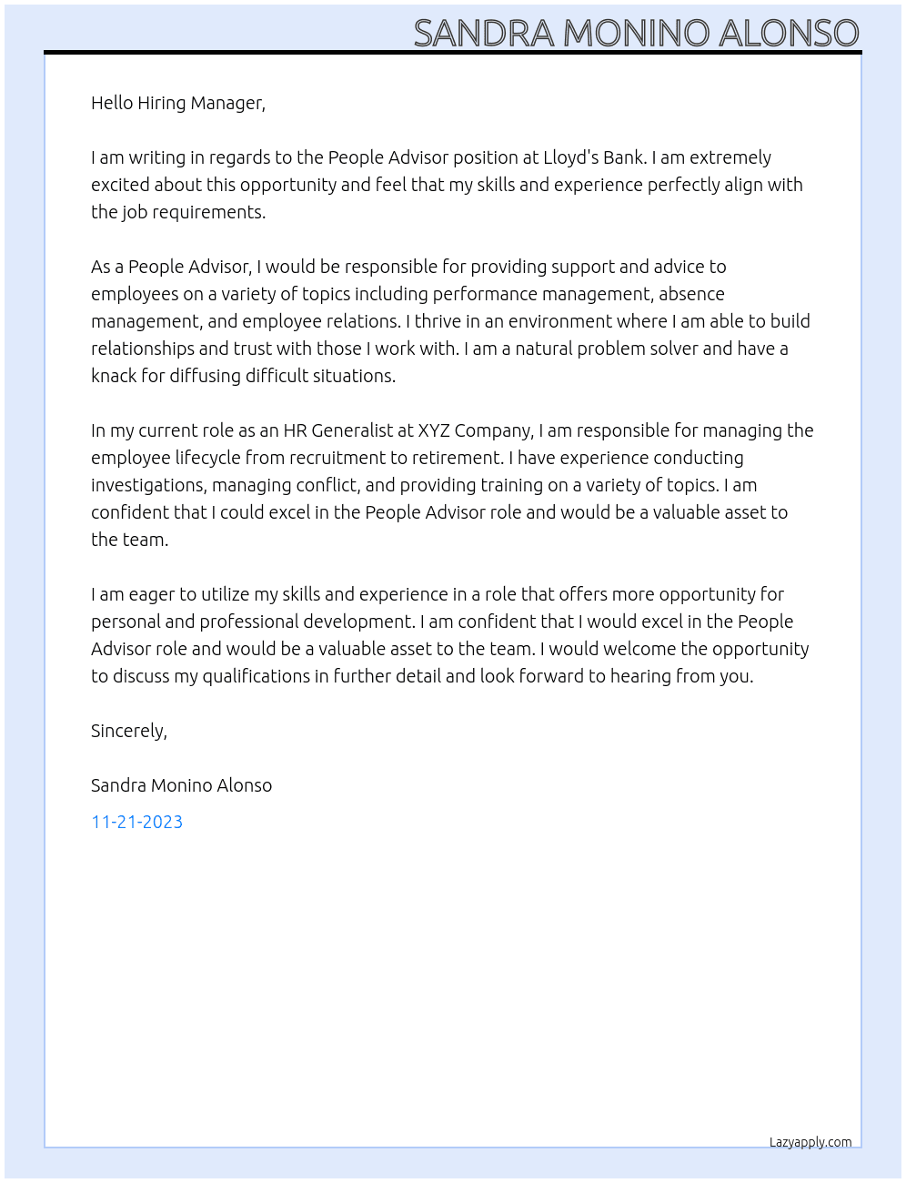 People Advisor At Lloyd's Bank Cover Letter