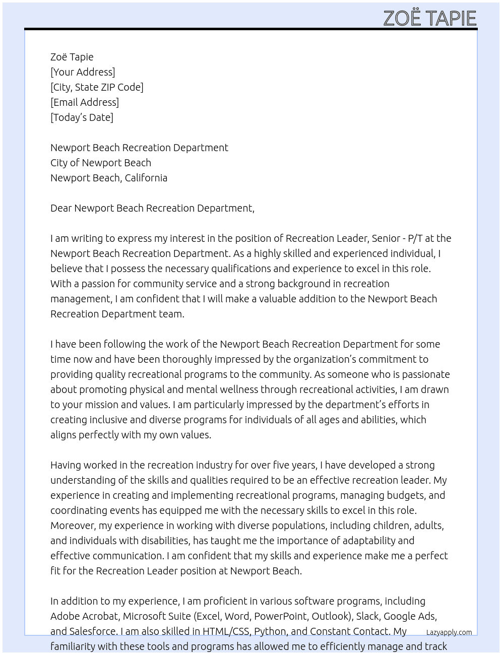 RECREATION LEADER, SENIOR - P/T At City of Newport Beach Cover Letter