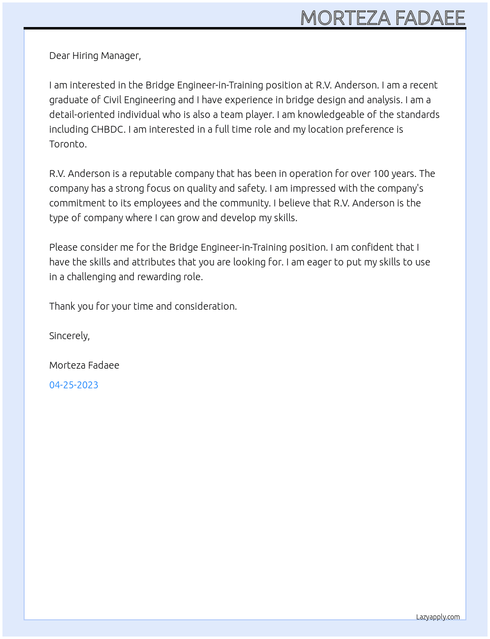 Bridge Engineer-in-Training At R.V. Anderson Cover Letter