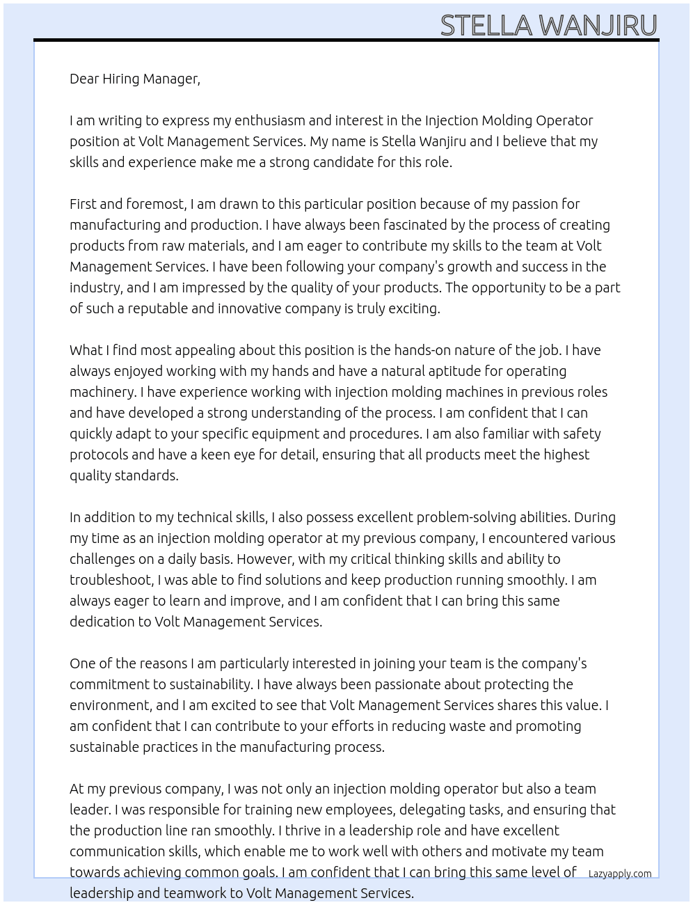 Injection molding operator At Volt Management services Cover Letter