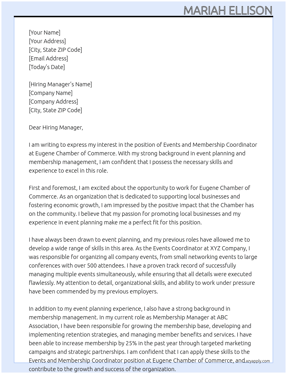 Events and Membership Coordinator  At Eugene Chamber of Commerce Cover Letter