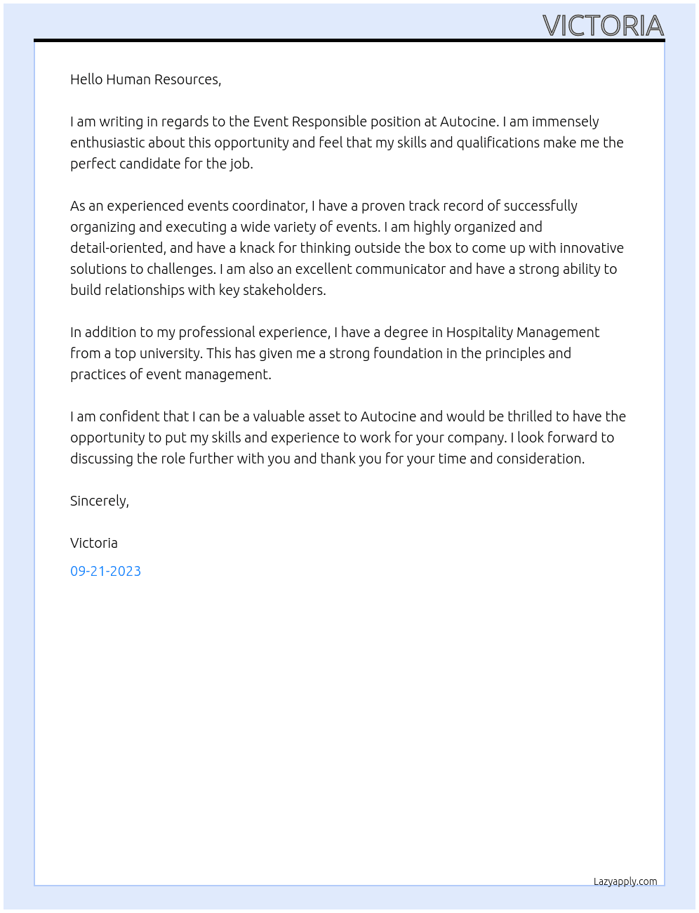 Event responsable At Autocine Cover Letter