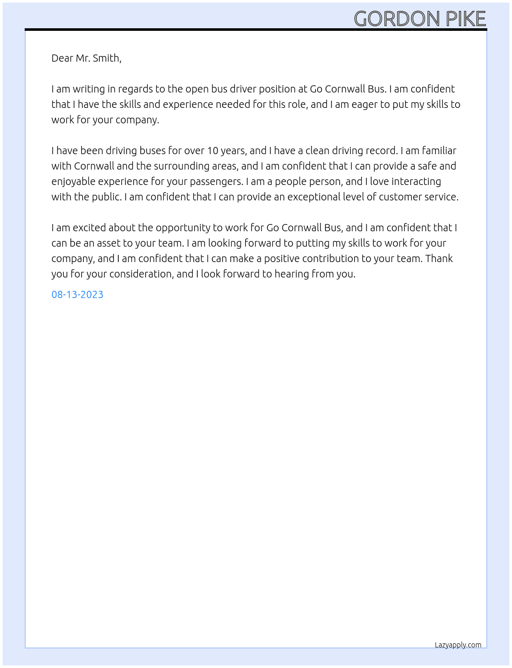 Bus Driver At Go Cornwall Bus Cover Letter