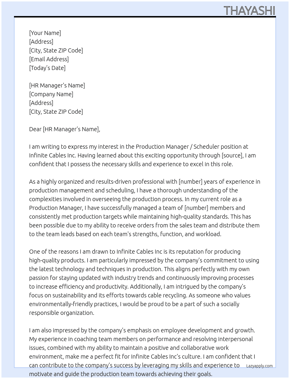 Production Manager / Scheduler At Infinite Cables Inc Cover Letter