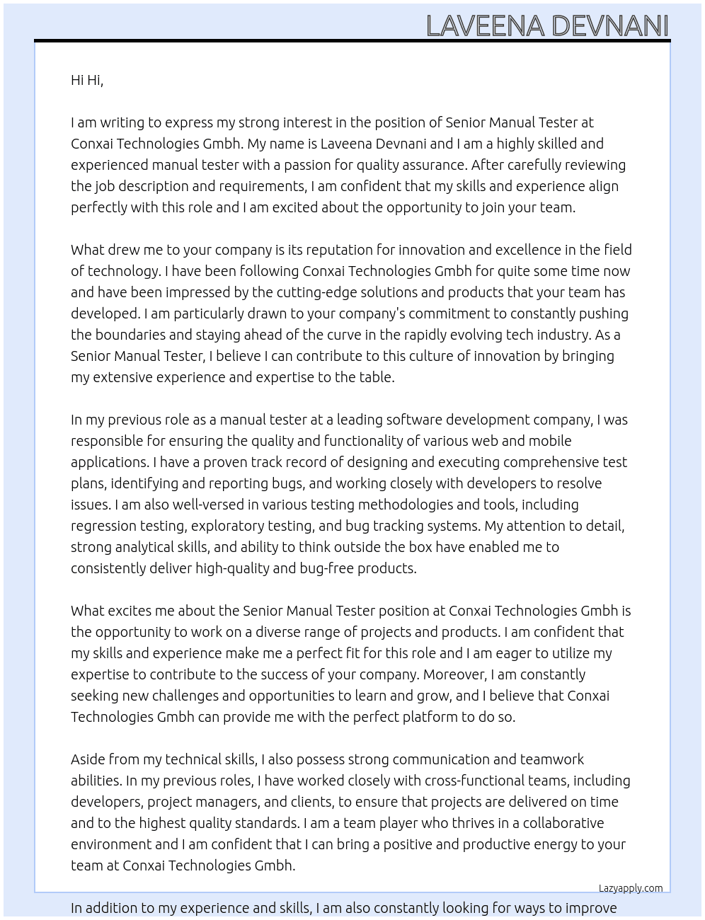 Senior manual tester At Conxai Technologies Gmbh Cover Letter