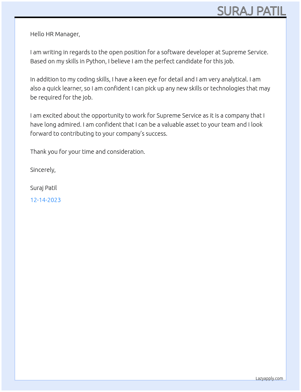 Software developer  At Supreme service  Cover Letter