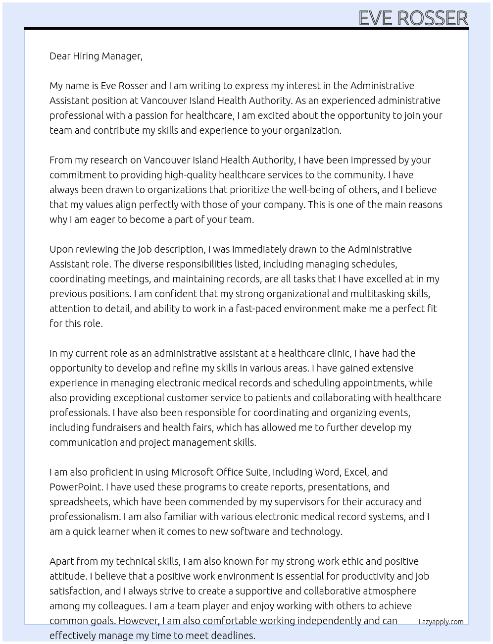 Administrative assistant  At Vancouver Island Health Authority Cover Letter